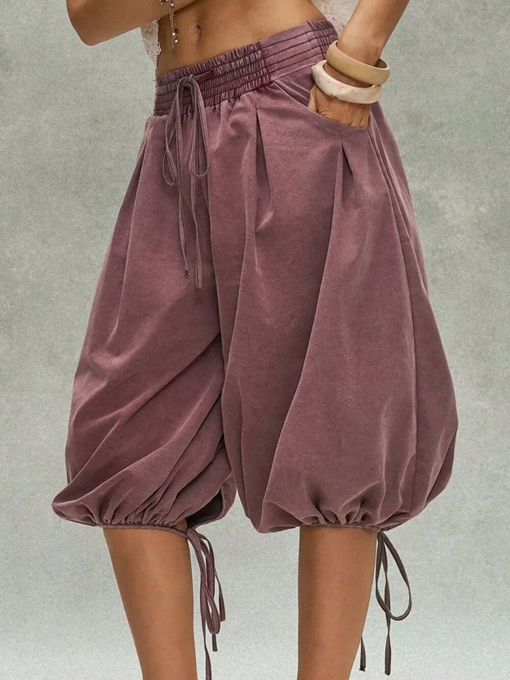 Purple Casual Boho Women's Cargo Pants with Waist Drawstring